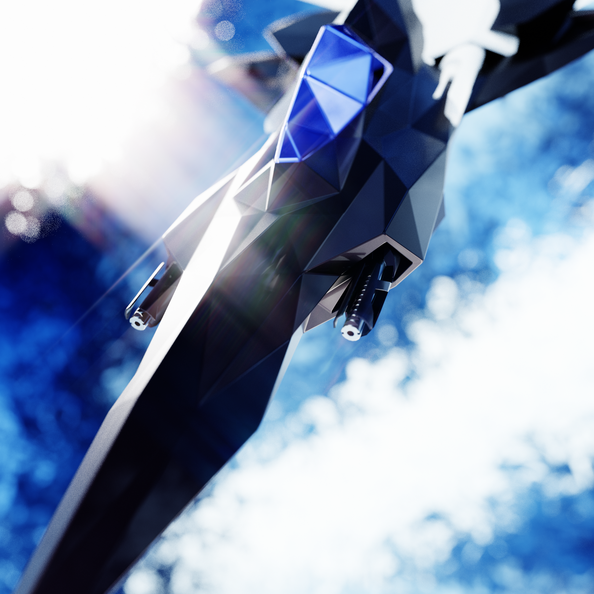 Atmospheric Adrasteia ship render against bright blue nebula light.