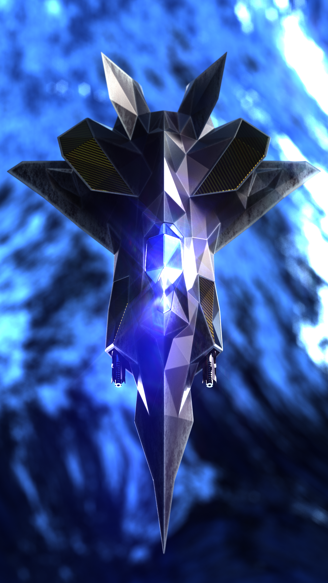 Adrasteia ship render against a blue nebula field.