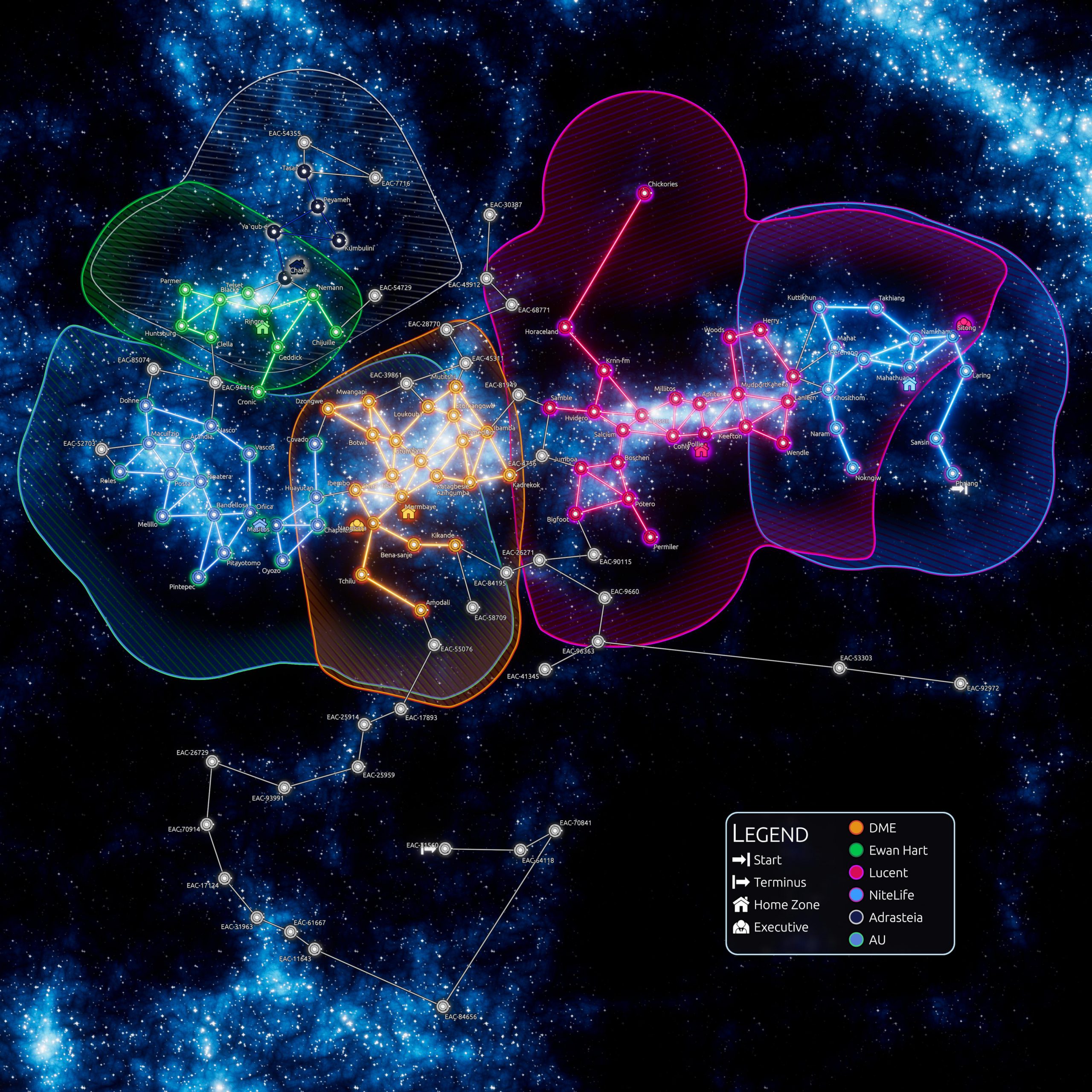 Aetheria in-game galaxy map showing faction territories, routes, and named systems.