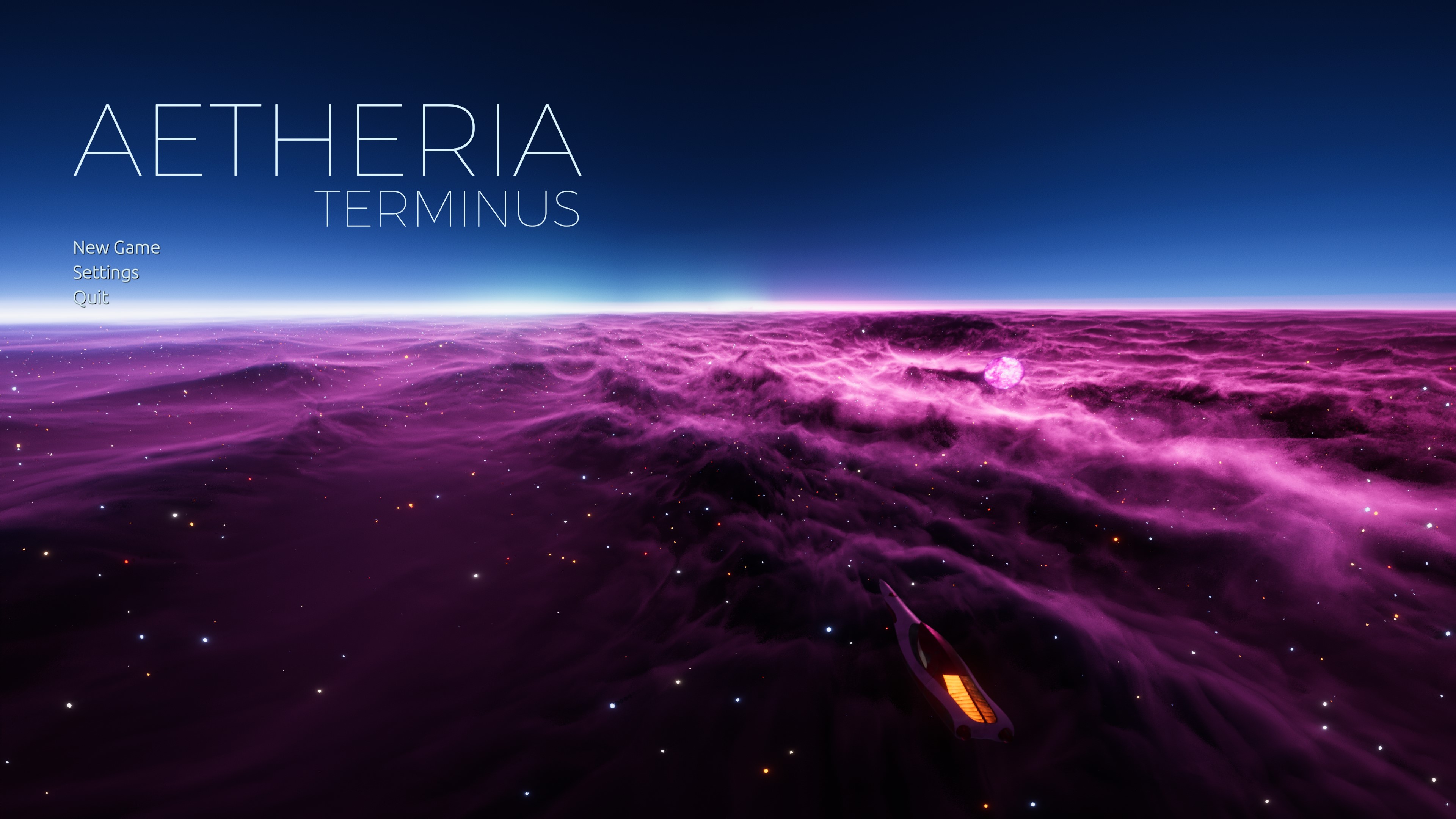 Aetheria prototype nebula horizon with stars and a ship visible over the Grid.